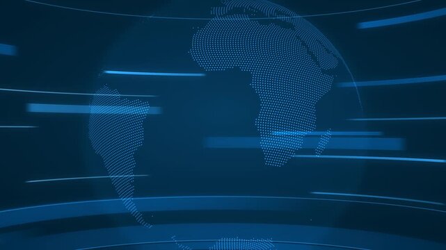 Blue Digital Dotted Globe Slowly Rotating With Horizontal Light Streaks and Curved Rings. Large Close Up Earth Showing Africa and South America. Broadcast News Studio Background