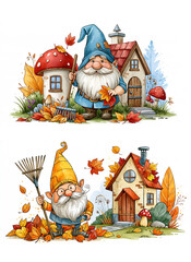 Obraz premium Adorable cartoon drawn gnome with a rake autumn leaves house on a white background