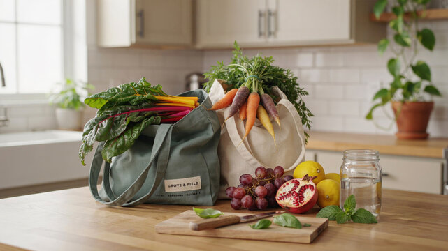 Canvas tote bags filled with fresh seasonal vegetables and fruits