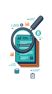 Conceptual illustration of financial auditing and data verification with a magnifying glass over documents.