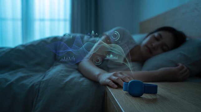 Young woman sleeping in bed while wearing a smart sleep tracking device at night.