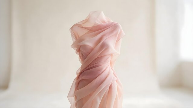 Abstract feminine silhouette formed from flowing dusty-rose and blush silk fabric, elegant conceptual artwork symbolizing femininity, strength and resilience. Breast Cancer Month