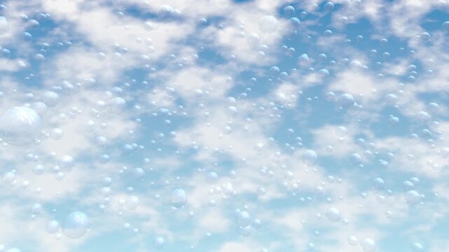 Bubbles floating in sky with clouds, ethereal and peaceful motion footage.