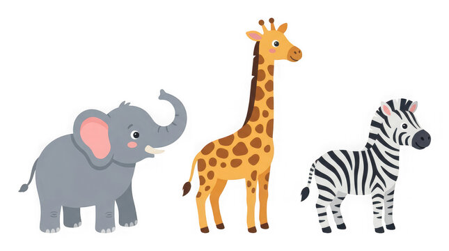 Cartoon illustration of elephant giraffe and zebra standing together transparent background transparent background