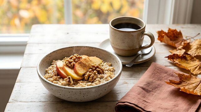 Health-conscious adult enjoying homemade oatmeal breakfast with coffee in cozy kitchen setting
