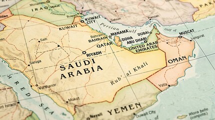 Fototapeta premium Saudi Arabia map highlights the geography and borders of the Arabian Peninsula region.