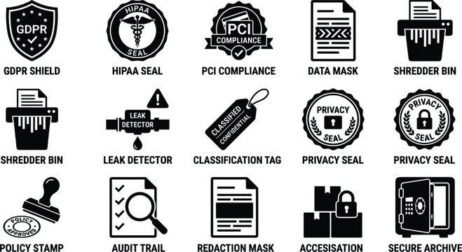 Data privacy regulatory compliance certification symbols displaying gdpr hipaa pci shredder leak detector policy stamp audit archive