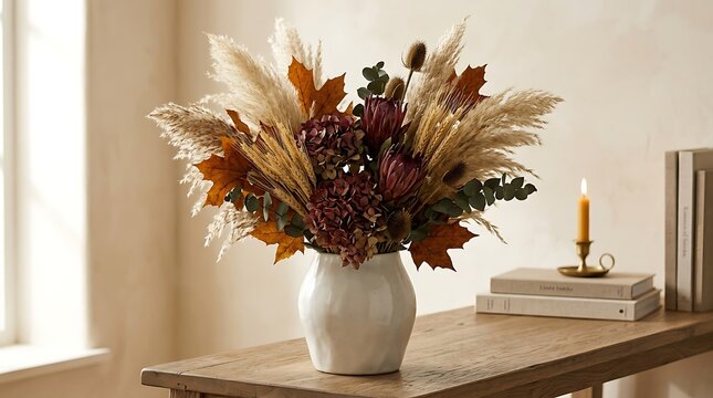 Autumn dried floral arrangement in white ceramic vase on wooden surface with soft natural lighting
