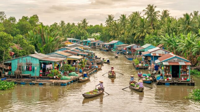 Floating Village With Colorful Houses and Boats on a Tropical River
