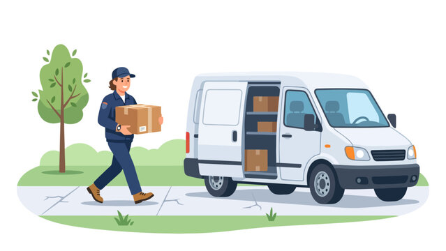 Courier delivering cardboard package from a white delivery van