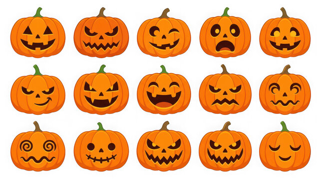 Collection of Halloween pumpkins with various carved happy and funny faces transparent background