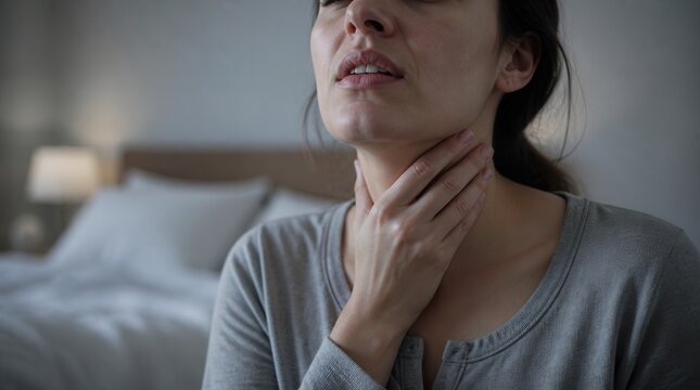 Woman experiencing sore throat or illness touching her neck in a bedroom setting