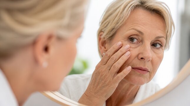 Mature woman applying eye cream or skincare treatment while looking at mirror in a bright, modern bathroom