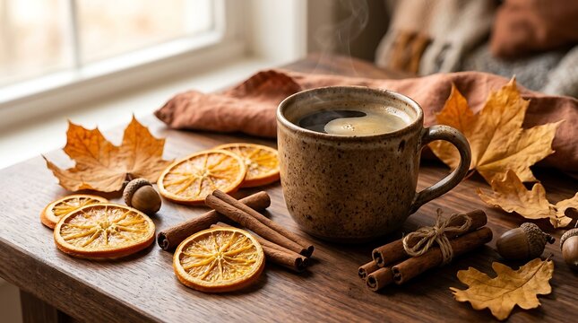Cozy autumnal coffee setup with cinnamon sticks and dried orange slices on rustic wooden table