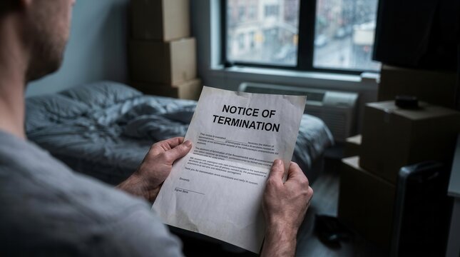 Man holding notice of termination letter sitting in modern bedroom near window with city view