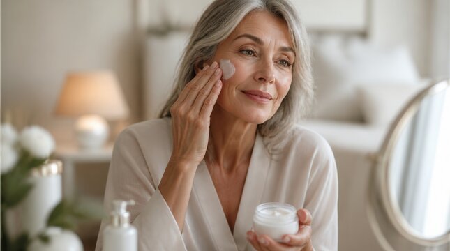 Mature woman applying skincare cream to her face in a cozy bedroom setting with soft lighting