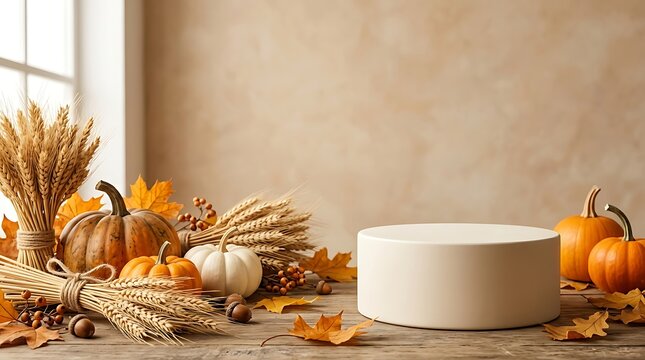 Autumn harvest wheat stalks and pumpkins arranged on rustic wooden table with neutral background