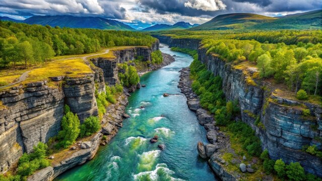 Aerial view of River canyon in Sweden Abisko national park with lush greenery and rugged wilderness , sweden