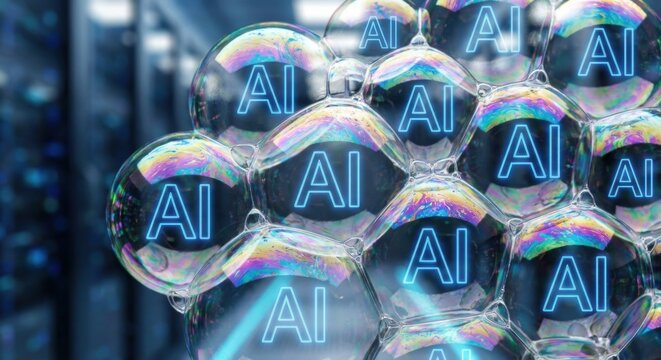Glowing AI letters inside iridescent glass bubbles depicting an AI tech bubble.