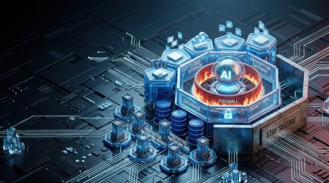 Isometric 3D render of a cybersecurity hub featuring an AI core protected by a circular firewall, with encryption gateway, cloud storage, and database modules on a dark tech background.