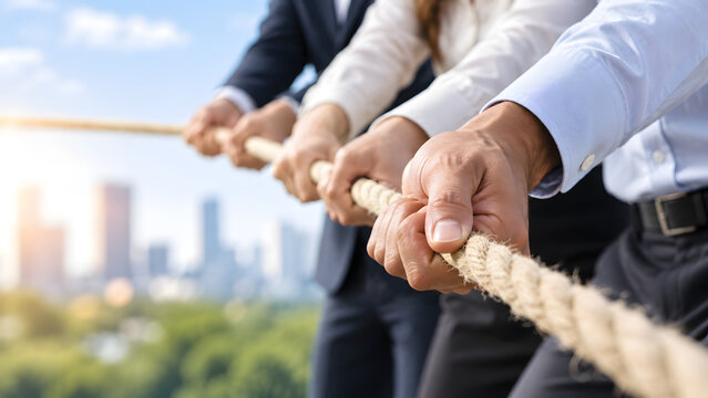 Business Team Pulling a Rope Together to Represent Teamwork Strength and Collaboration