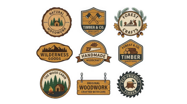 Collection of vintage style woodcraft and timber business logos with transparent backgrounds transparent background