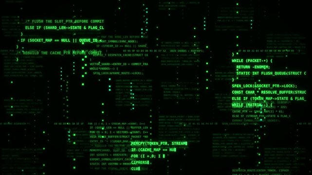 Green Computer Code Scrolling and Typing on Black Background. Layered Programming Text Blocks With Blinking Cursors, Hex Data and Falling Digital Particles. Hacker Terminal Cyber Technology Background
