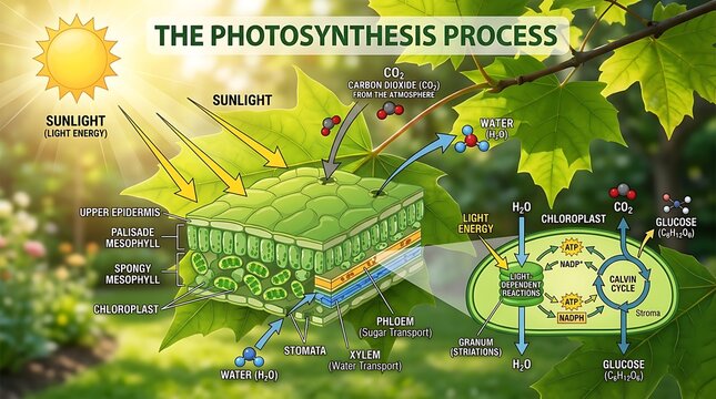 Leaf cross section diagram details the photosynthesis process, cellular layers, light energy absorption, and chloroplast cycles.