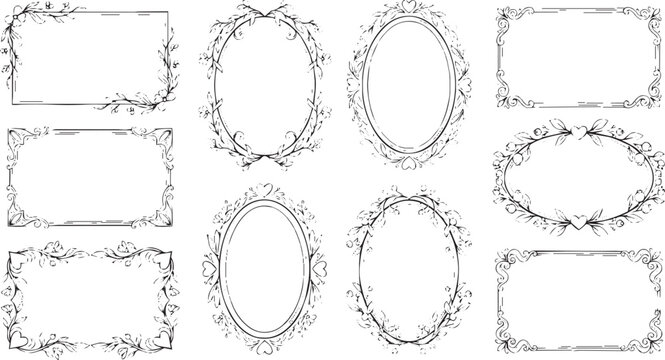 Cute Mediterranean Doodle Border Collection. Blue Hand Drawn Vector Frames, Floral Corners, Wavy Edges and Whimsical Wedding Invitation Elements.