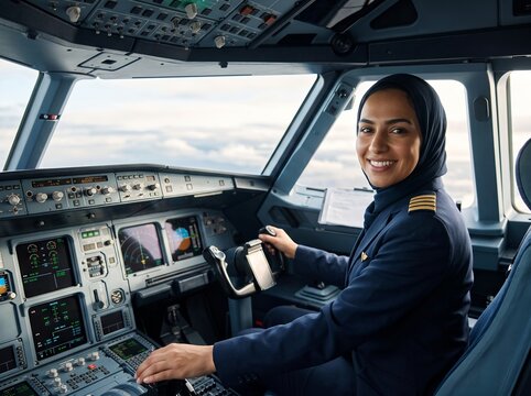 Female Muslim Pilot Flying Commercial Airplane Cockpit