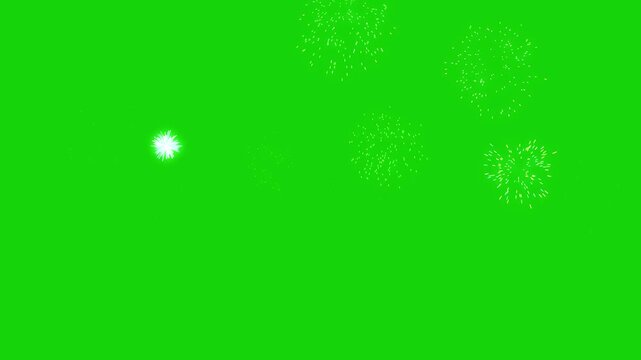Fireworks Display on Green Screen. White, Mint and Yellow Particle Firework Bursts and Ring Shells Exploding and Fading Across the Upper Frame. Celebration Chroma Key Overlay