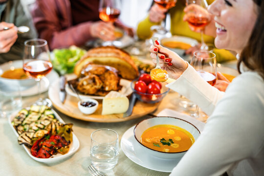 Happy family eating together at dining table - Dinner christmas party life style concept