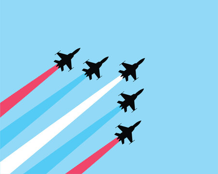 Aerobatic Display. Six fighter jets in silhouette perform a synchronized aerial maneuver against a clear blue sky, leaving trails of red, white, and blue smoke.
