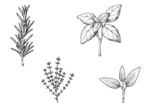 Four different types of aromatic herb illustrations