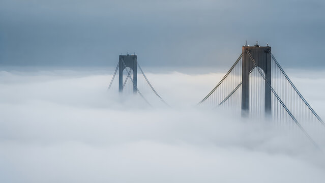 Suspension bridge towers rising above a thick layer of morning fog with a minimalist sky background