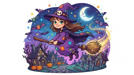 Fototapeta premium Cartoon witch flying on broomstick over autumn forest at night with glowing jack-o'-lanterns
