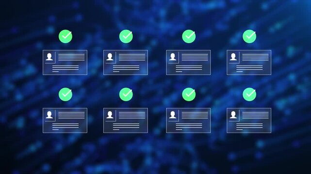 Checklist interface with green check marks. Online survey form approval, task management, compliance audit and workflow automation concept.