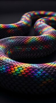Vibrant rainbow scaled serpent coiled on dark background