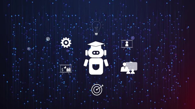 Student using AI powered e-learning assistant. Online education technology, intelligent tutoring system, digital training and knowledge management concept.