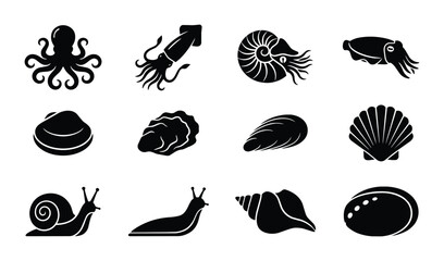 Obraz premium Seafood Icons Set: Marine Life Vector Graphics, Mollusk and Cephalopod Silhouettes for Culinary Design