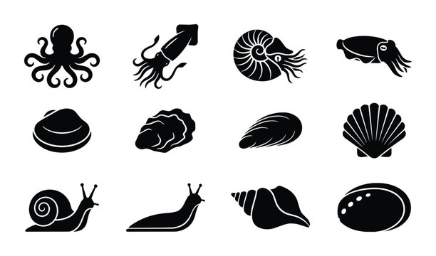 Seafood Icons Set: Marine Life Vector Graphics, Mollusk and Cephalopod Silhouettes for Culinary Design