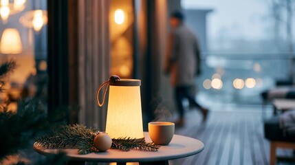 Obraz premium Luxury Christmas Balcony at Blue Hour with Lantern, Evergreen Branch and Steaming Cup, Premium Winter Travel Advertising Photography