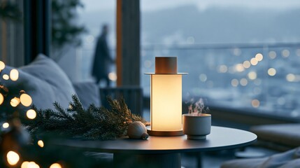 Obraz premium Luxury Christmas Balcony at Blue Hour with Lantern, Evergreen Branch and Steaming Cup, Premium Winter Travel Advertising Photography
