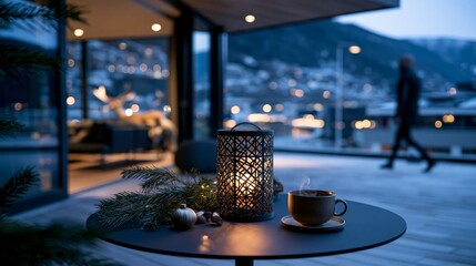 Naklejka premium Luxury Christmas Balcony at Blue Hour with Lantern, Evergreen Branch and Steaming Cup, Premium Winter Travel Advertising Photography