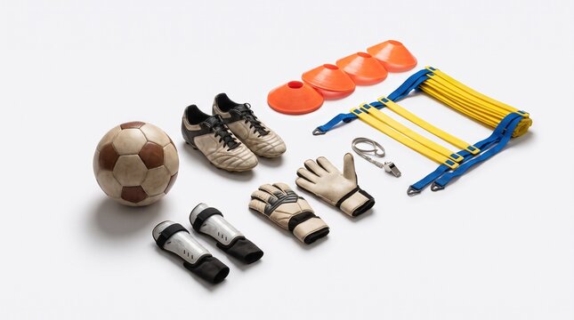 Isometric flat lay of soccer gear set including vintage leather ball, cleats, shin guards, goalkeeper gloves, whistle, marker cones, and agility ladder on white background.