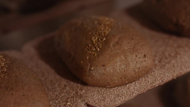 Unbaked dark rye bread loaves rest on wooden baking boards, some topped with seeds, arranged in rows and ready for the oven