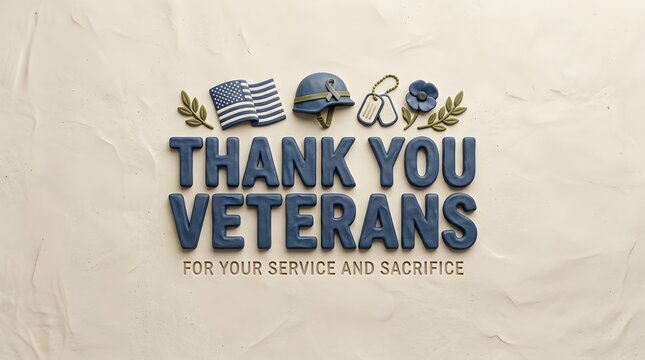 Clay style Veterans Day graphic with American flag helmet and dog tags on beige textured background honoring military service.