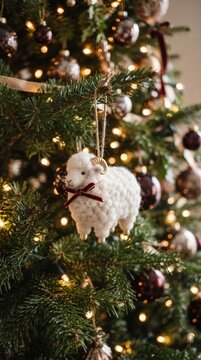 White sheep ornament with golden horns hanging on Christmas tree, Chinese zodiac symbol 2027 new year holiday decoration