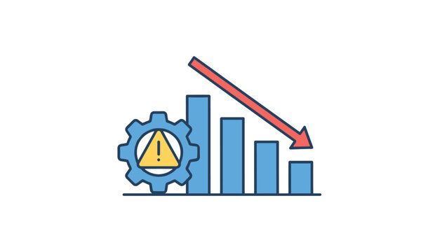 Financial crisis concept showing a declining bar graph with a red arrow and a gear containing a warning sign.