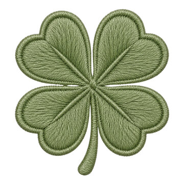 Detailed green four leaf clover embroidery patch isolated on a clean white background surface